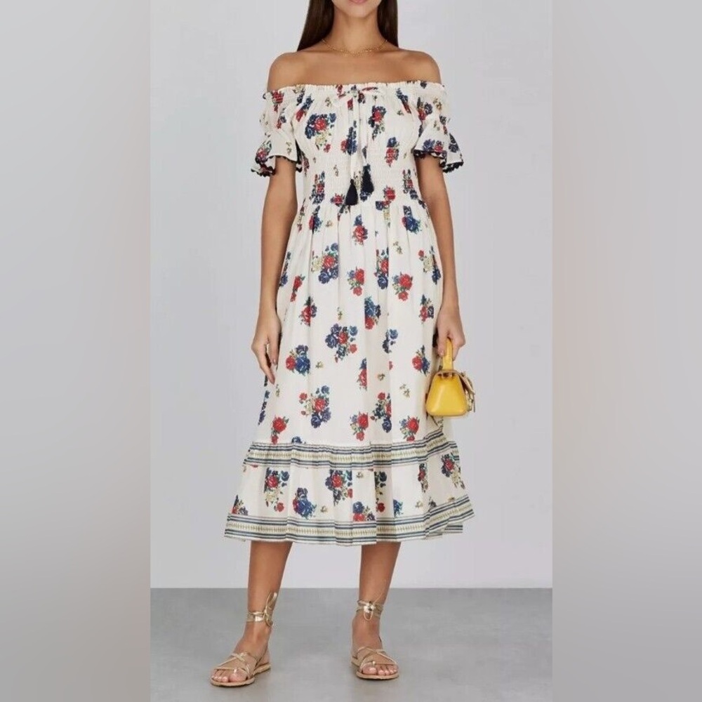 Tory Burch Blue and Pink Smocked Tiered Midi Sundress